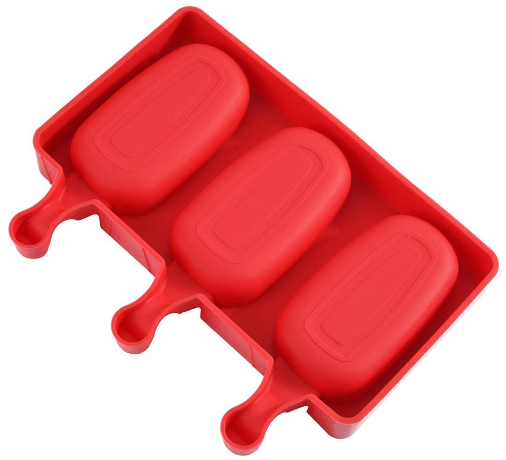 Red silicone popsicle mold with three oval cavities and handles, shown from a top-down angle on a white background.