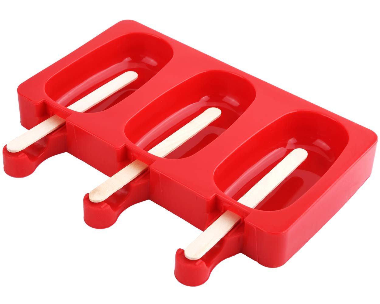 Red silicone 3-cavity popsicle mold with wooden sticks inserted into each cavity, shown from a top-down angle.