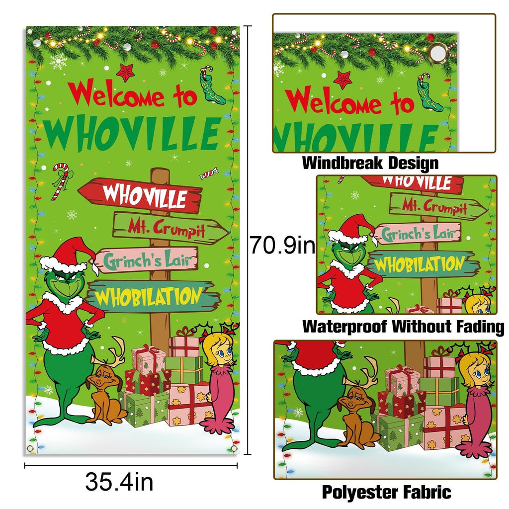 Christmas Elf Door Cover Banner with Grinch characters and Whoville signs, showing dimensions and material.
