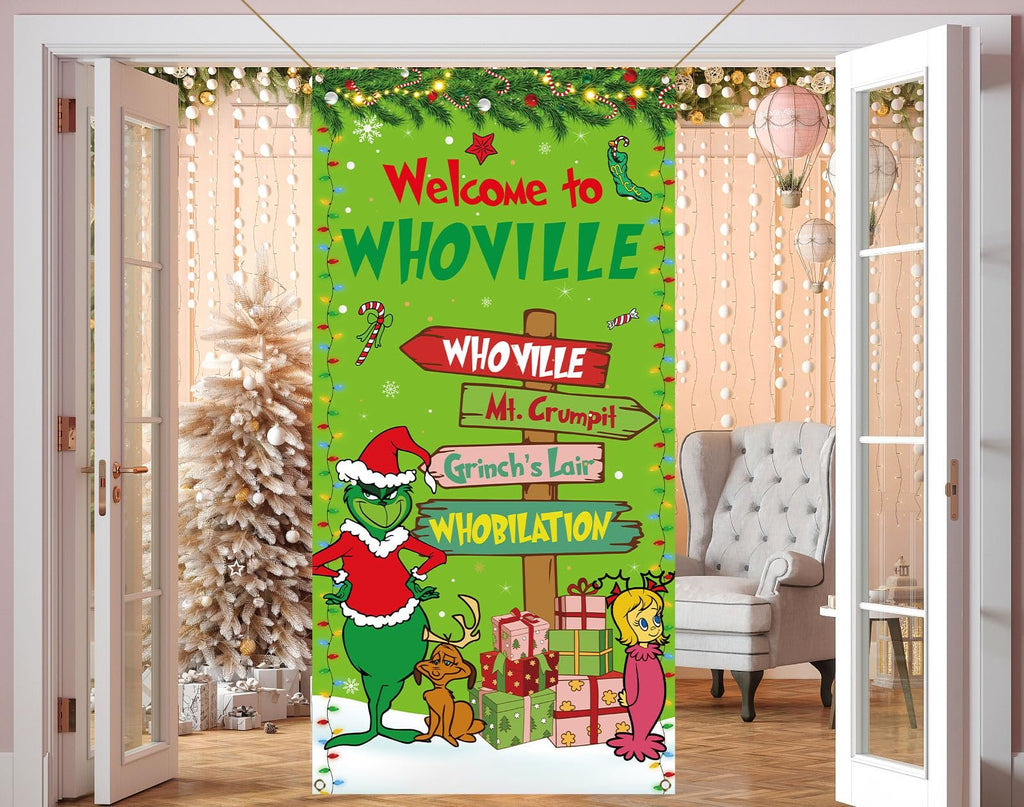 Christmas Elf Door Cover Banner with Whoville signpost, Grinch, Max, and Cindy Lou Who characters.