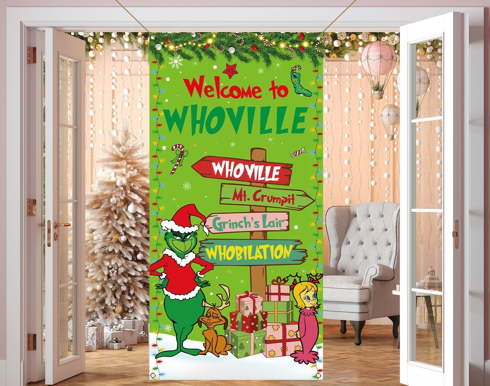 Christmas Elf Door Cover Banner with Whoville signpost, Grinch, Max, and Cindy Lou Who characters.