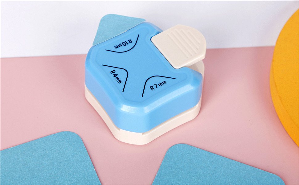 Blue 3-in-1 paper corner rounder punch with R4mm, R7mm, and R10mm radius markings.