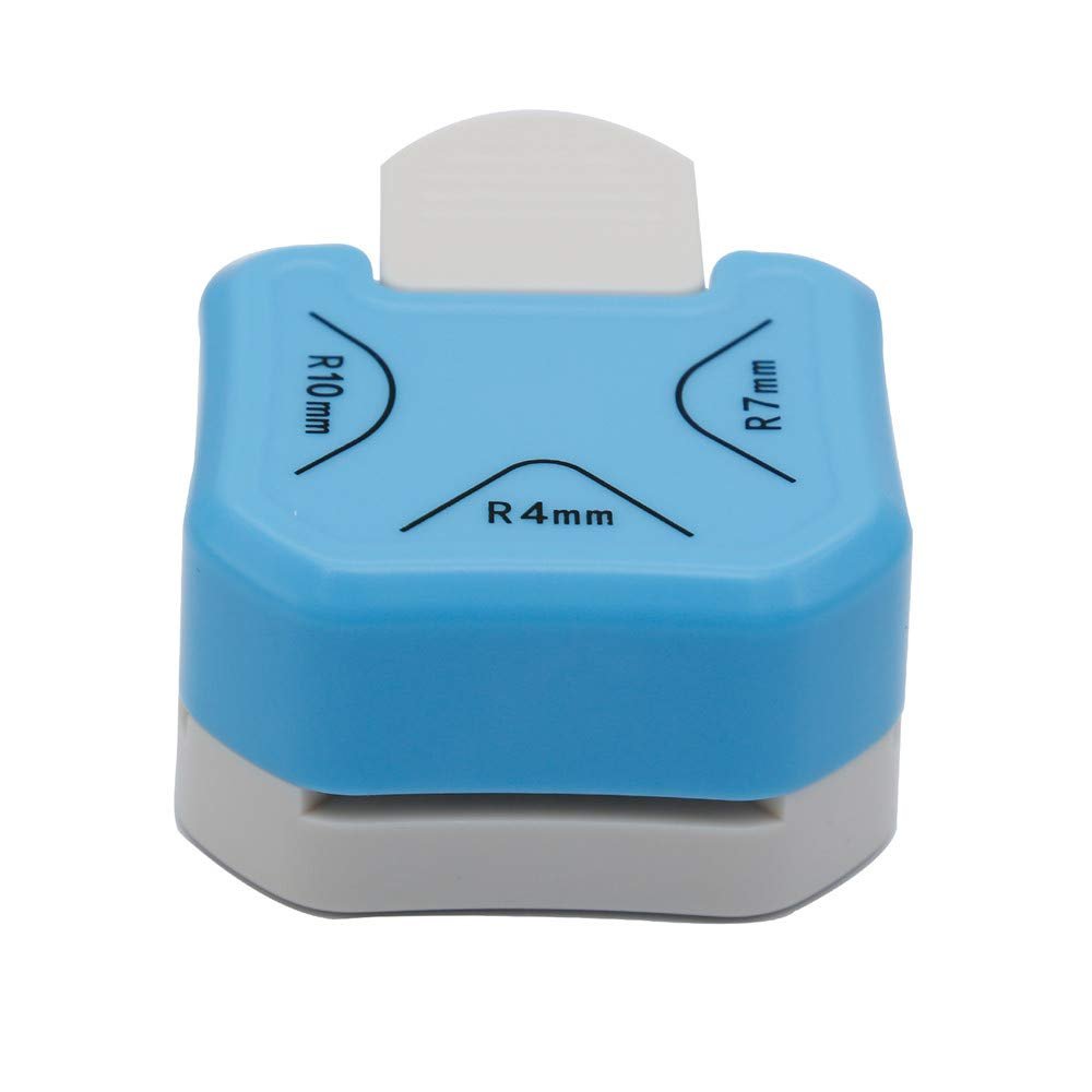 Blue and gray 3-in-1 paper corner rounder punch with R4mm, R7mm, and R10mm radius markings.