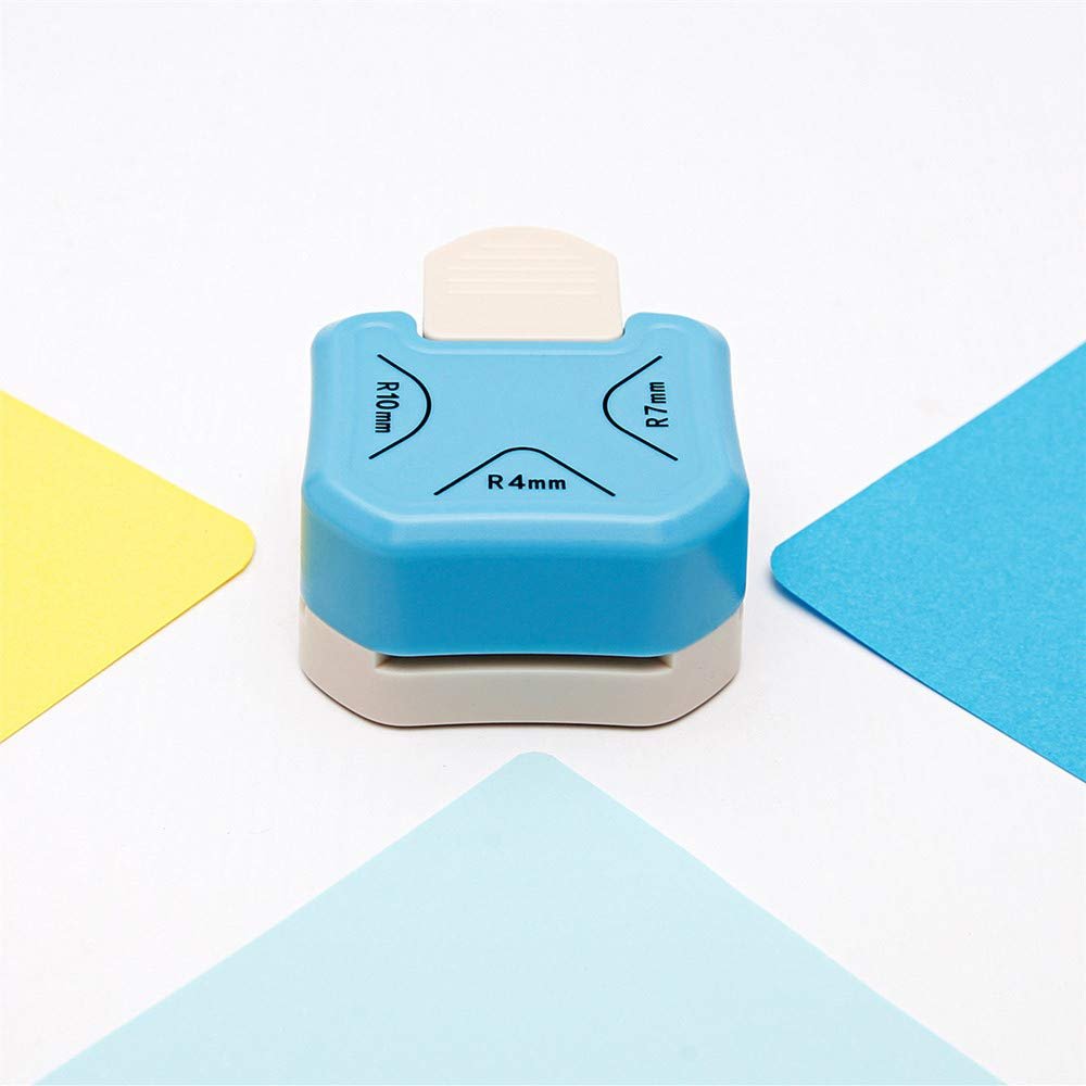 Blue 3-in-1 paper corner rounder punch with R4mm, R7mm, and R10mm radius markings, surrounded by pastel paper squares.
