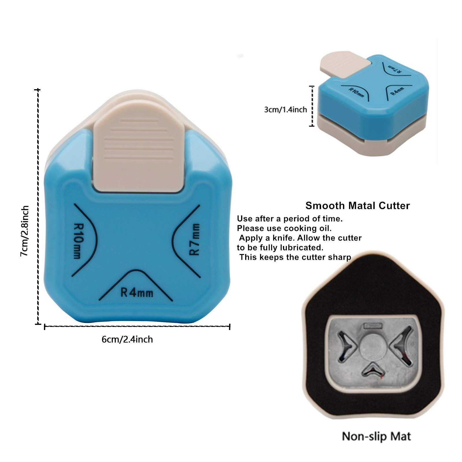 Three views of a blue and beige 3-in-1 paper corner rounder punch showing R4mm, R7mm, and R10mm radius options and dimensions.