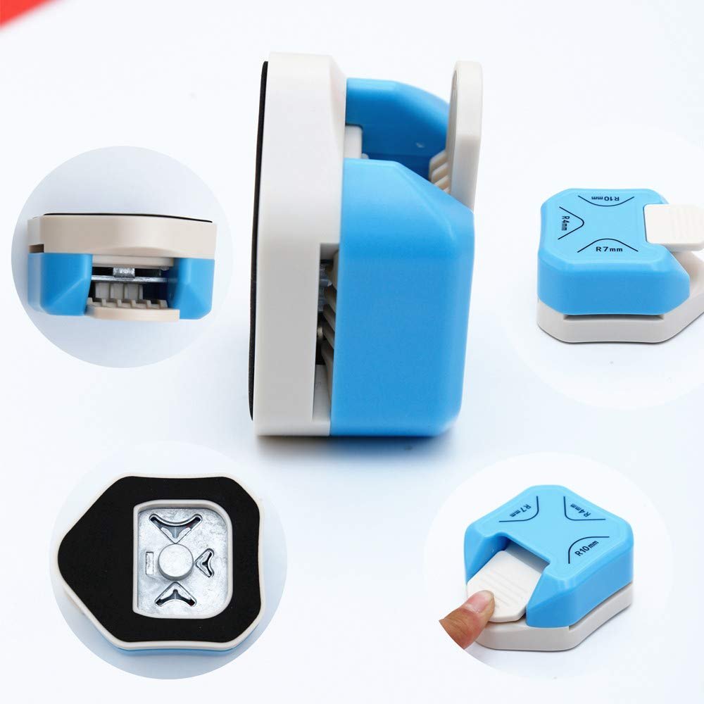3-in-1 paper corner rounder punch showing R4mm, R7mm, and R10mm radius options on a white background.