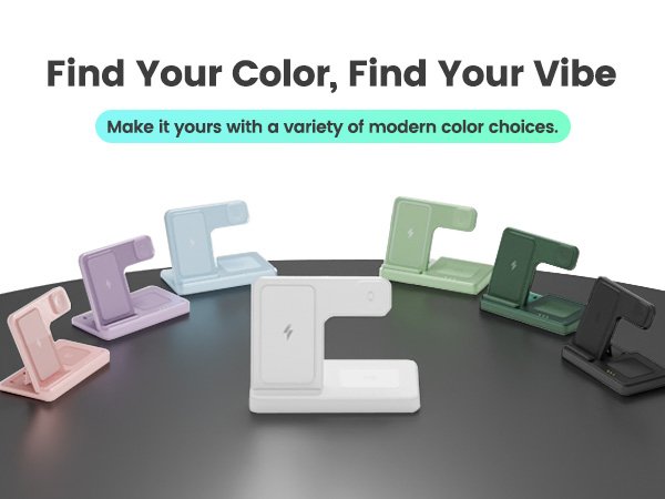 Multiple multi-device wireless charging stands in various colors displayed on a dark surface.