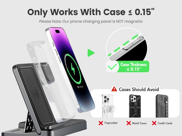 Foldable wireless charging station with phone, watch, and earbuds charging areas. Illustrates case thickness limits and incompatible cases.