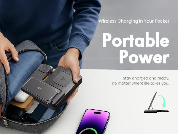 Foldable wireless charging station being placed into a bag, with a phone and diagram shown.