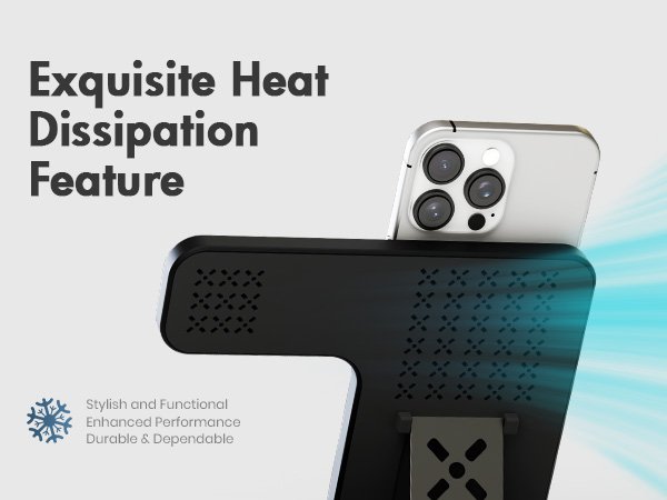 Foldable wireless charging stand with a phone on top, showing heat dissipation feature with blue air flow graphics.