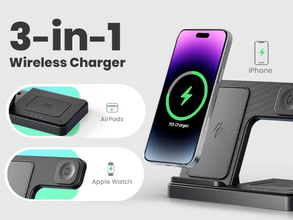 Foldable 3-in-1 wireless charging station with iPhone, Apple Watch, and AirPods charging spots. Close-up view.