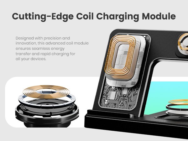 Exploded view of a wireless charging station's coil module and internal components, with text describing its features.