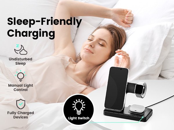 Woman sleeping in bed next to a black 3-in-1 wireless charging station holding a phone, watch, and earbuds.