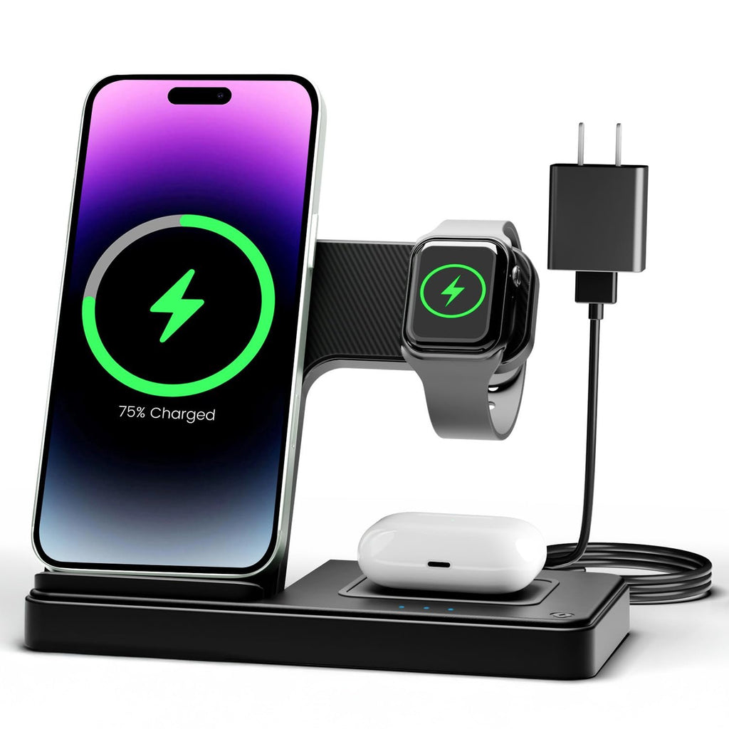 Foldable 3-in-1 wireless charging station with phone, watch, and earbuds charging. Phone shows 75% charged.