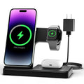 Foldable 3-in-1 wireless charging station with phone, watch, and earbuds charging. Phone shows 75% charged.