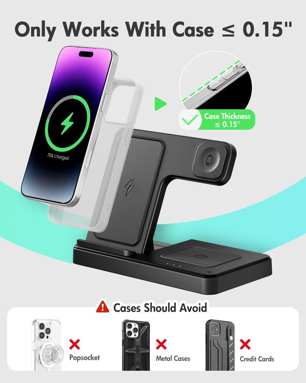 Foldable wireless charging station with phone, watch, and earbud charging pads. Shows case thickness limit and items to avoid.