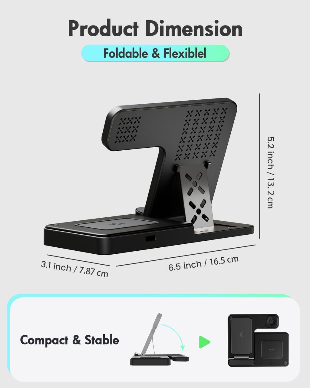 Foldable wireless charging station with dimensions labeled, showing its compact and stable design.