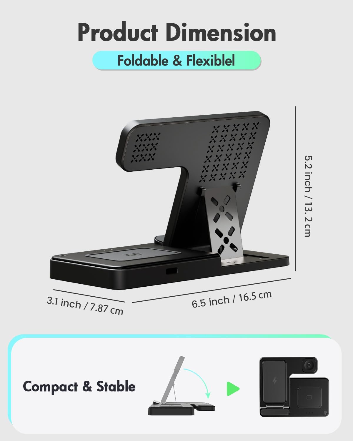Foldable wireless charging station with dimensions labeled, showing its compact and stable design.