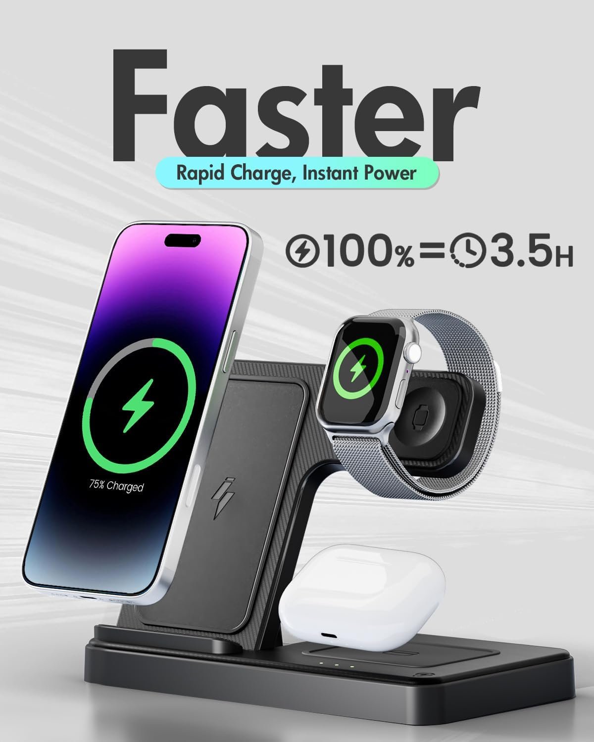 Foldable 3-in-1 wireless charging station with phone, watch, and earbuds charging.