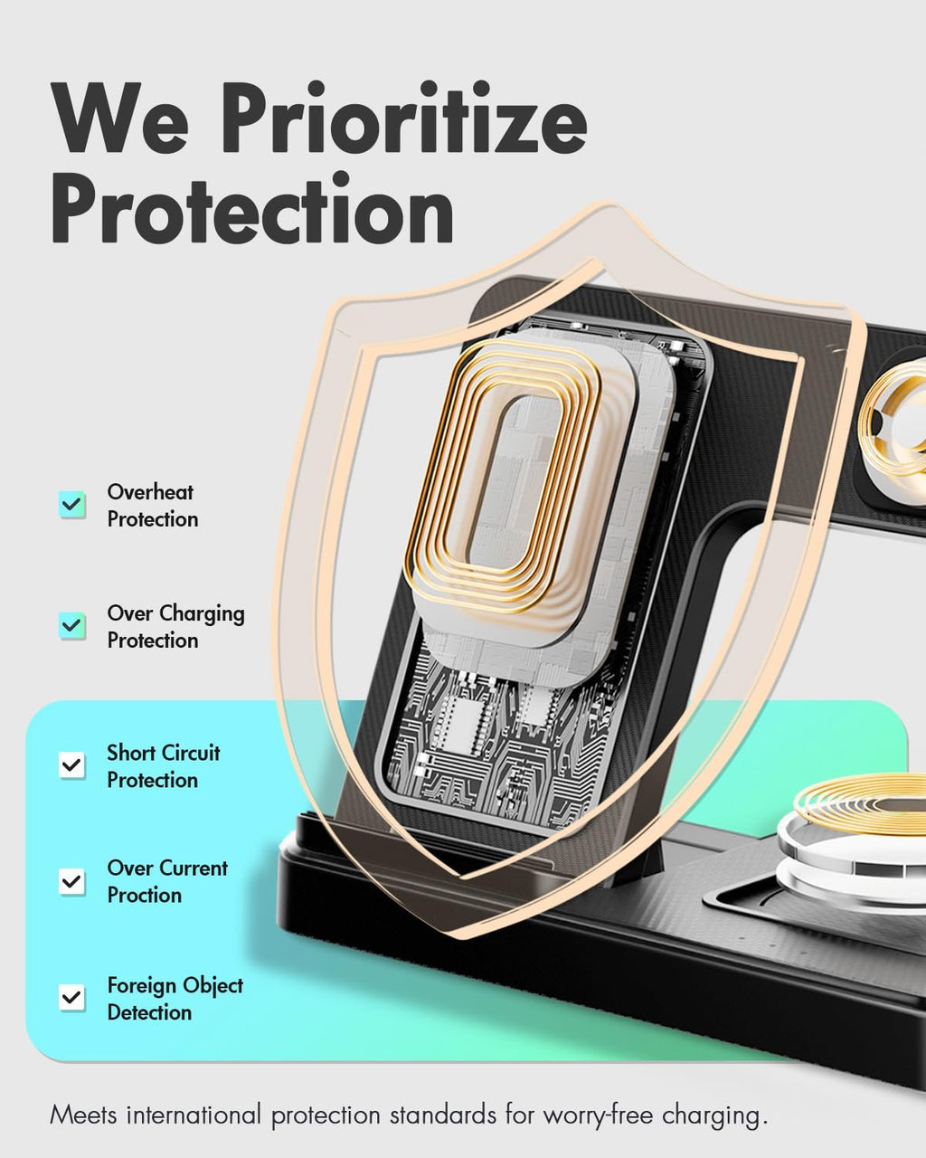 Close-up of a multi-device wireless charging station showing internal components and protection features.