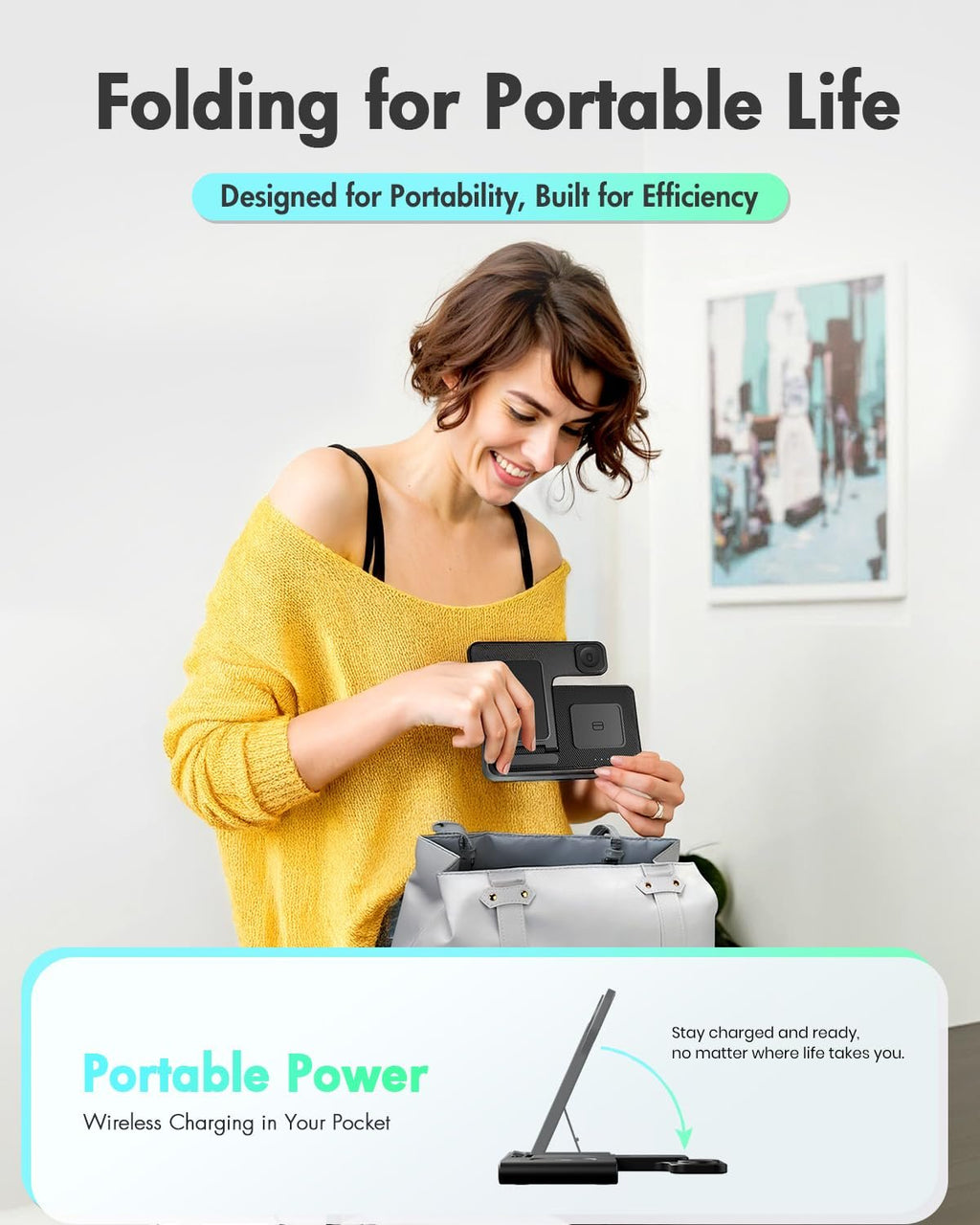 Woman packing a foldable 3-in-1 wireless charging station into a bag, with text overlays about portability and power.