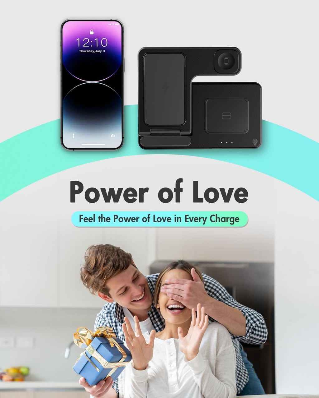 Foldable 3-in-1 wireless charging station shown with a smartphone and a gift, with a couple in the background.