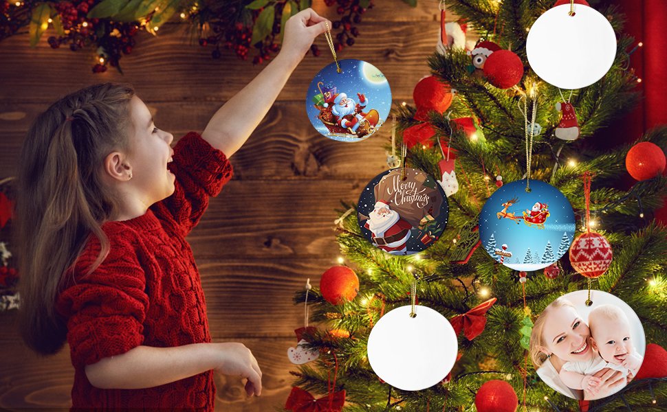 Girl decorating Christmas tree with round sublimation ornaments, some blank, some with Santa Claus designs