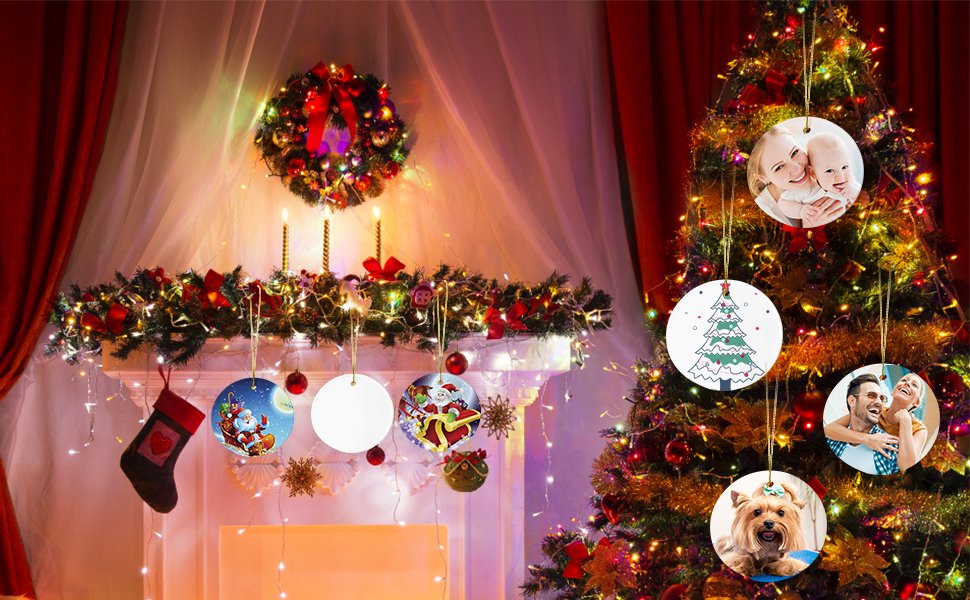 Christmas tree decorated with ornaments, including family photos, a dog, a Christmas tree graphic, and Santa Claus.