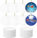 Round ceramic sublimation ornament blanks with gold hanging ropes, some with Christmas designs