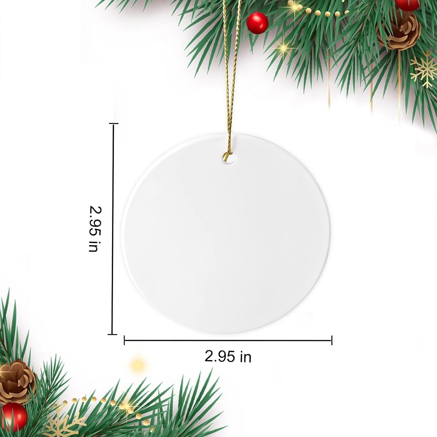 Round ceramic sublimation ornament blank with gold hanging rope, shown with dimensions 2.95 inches.