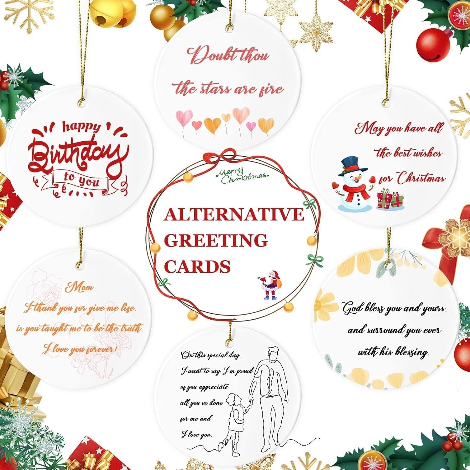 Collage of round ceramic sublimation ornament blanks with various greetings and designs, including birthday, Christmas, and family messages.