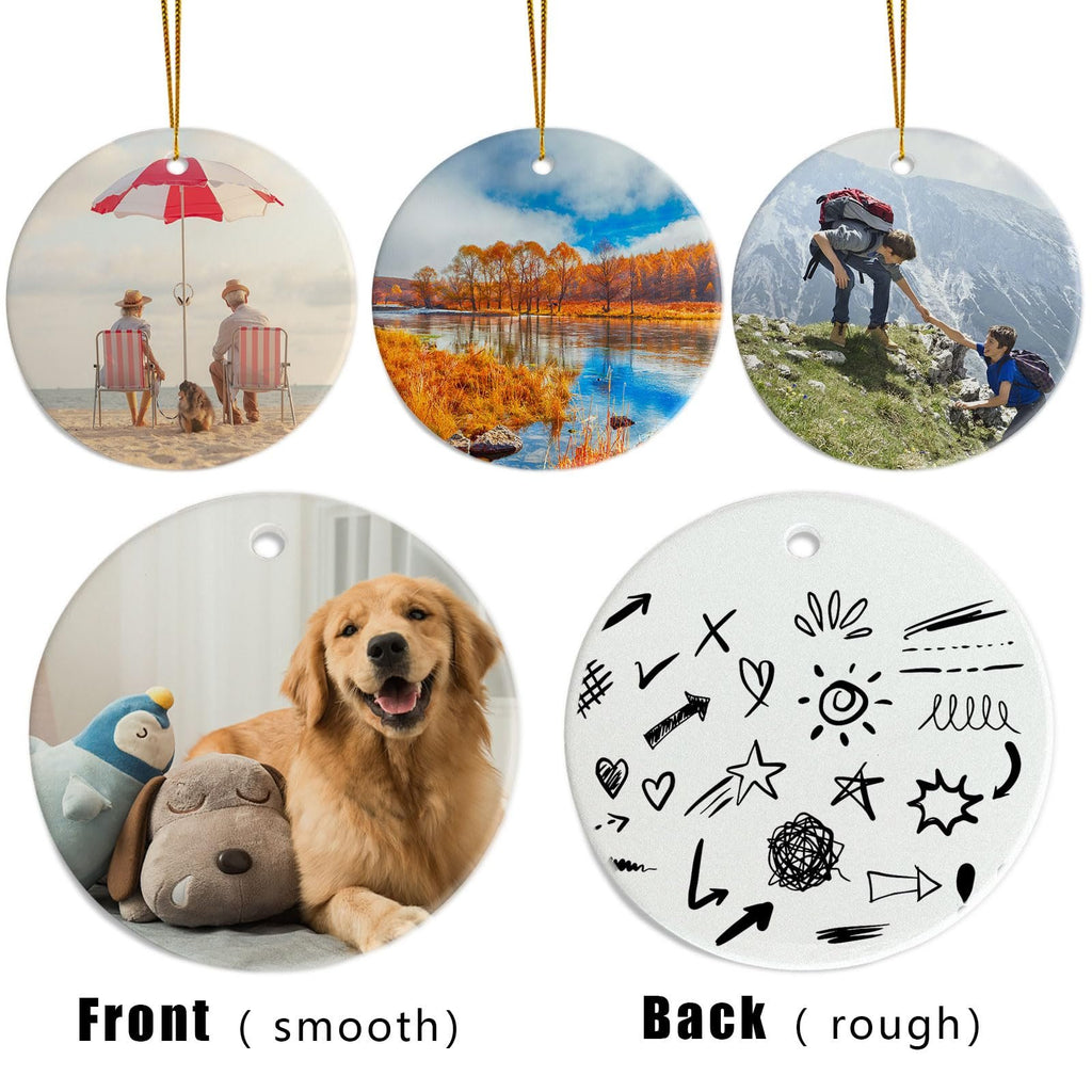 Collage of five round ceramic sublimation ornament blanks, showing different designs and the front/back surfaces.