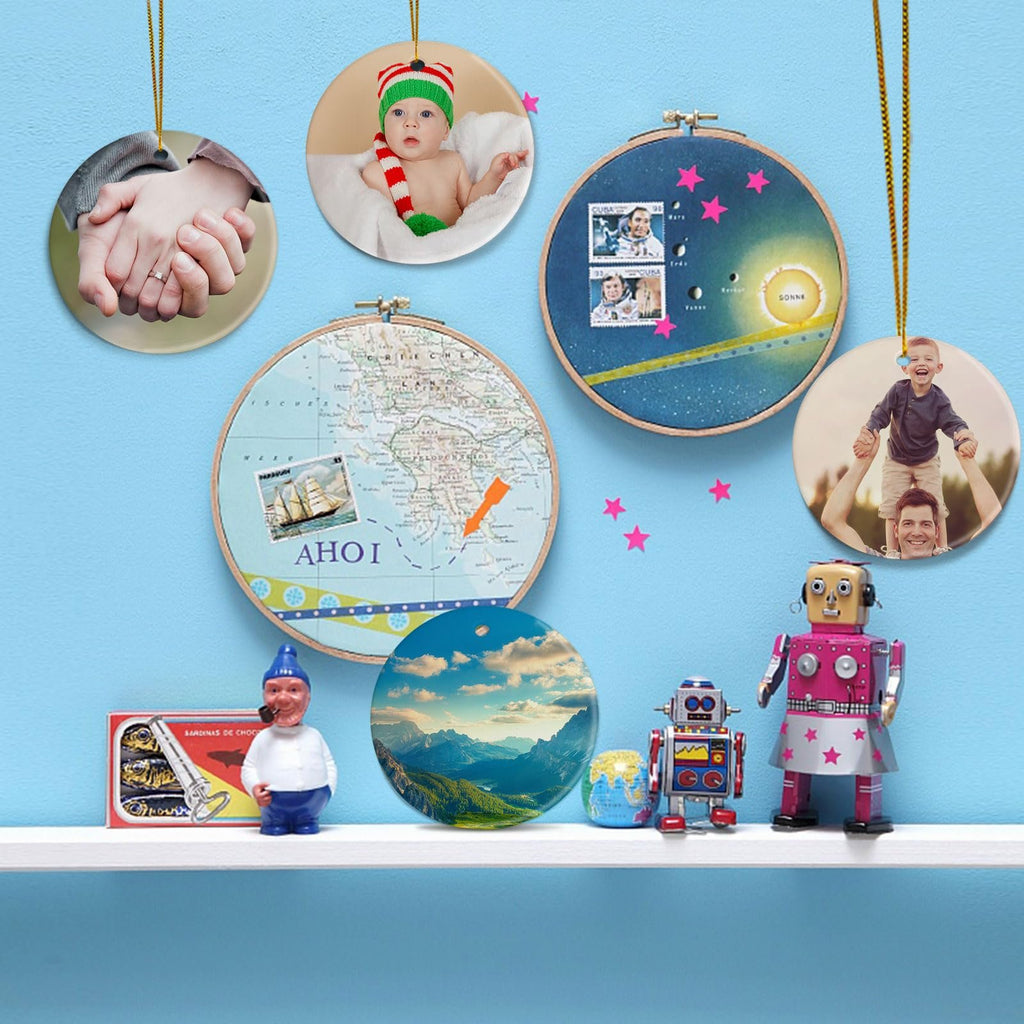 Collection of round ornaments and decorative items displayed on a shelf against a blue wall