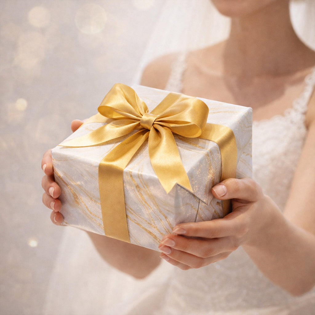Bride holding a gift box wrapped in marble paper and tied with a gold satin ribbon