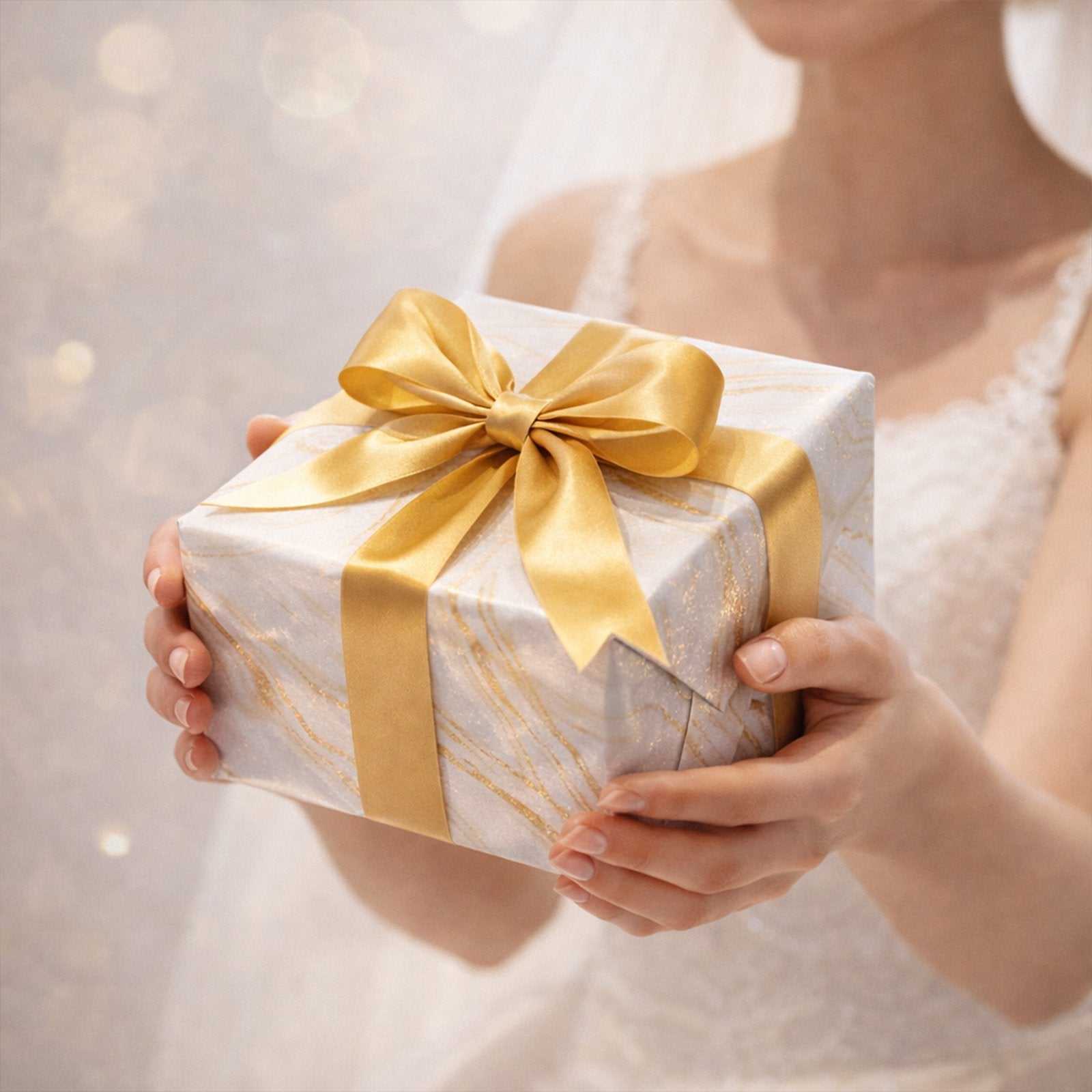 Bride holding a gift box wrapped in marble paper and tied with a gold satin ribbon