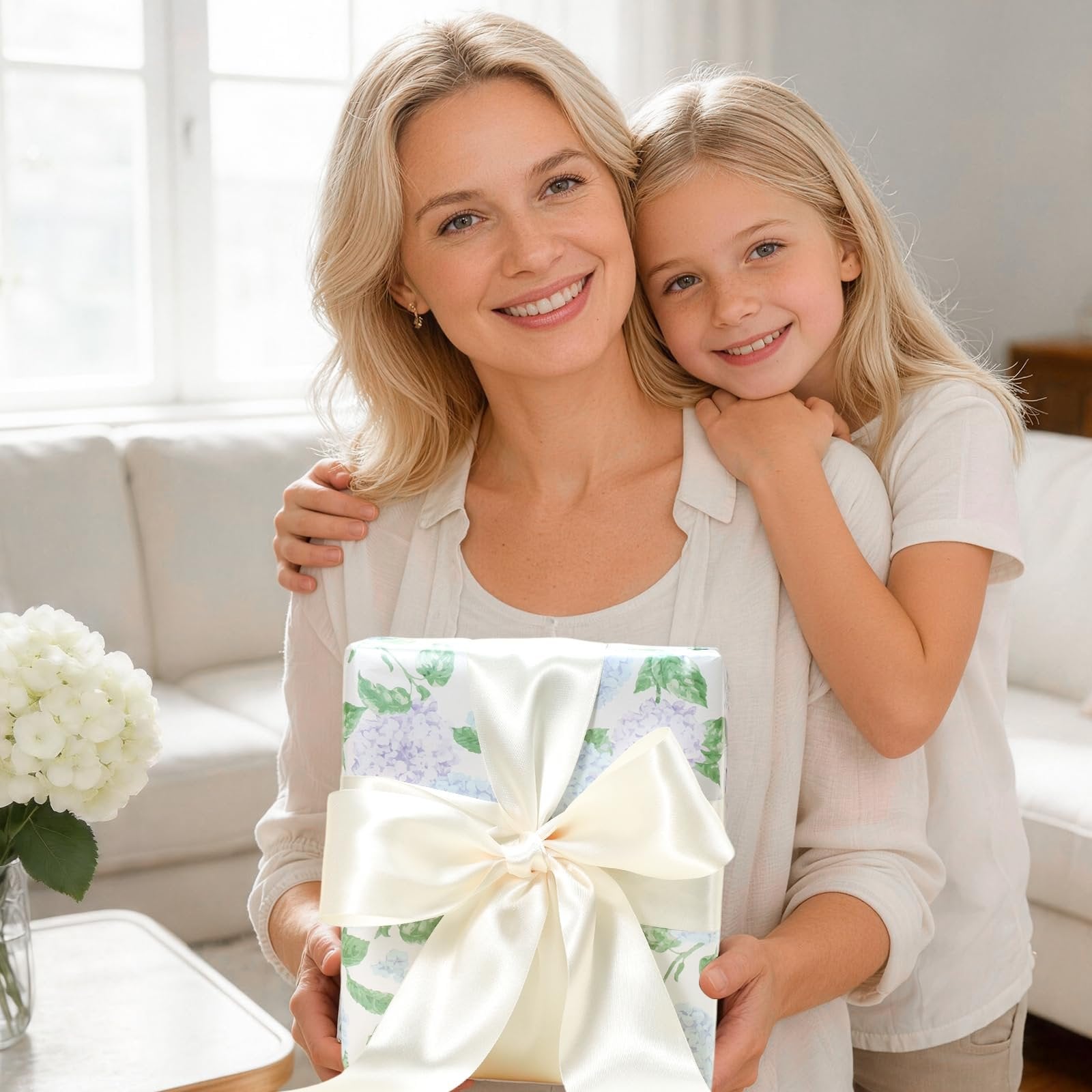 Mother and daughter smiling, holding a gift wrapped in floral paper and a large cream ribbon.