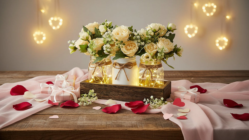 Three mason jars with floral arrangements and string lights in a wooden tray, surrounded by rose petals and gift boxes.