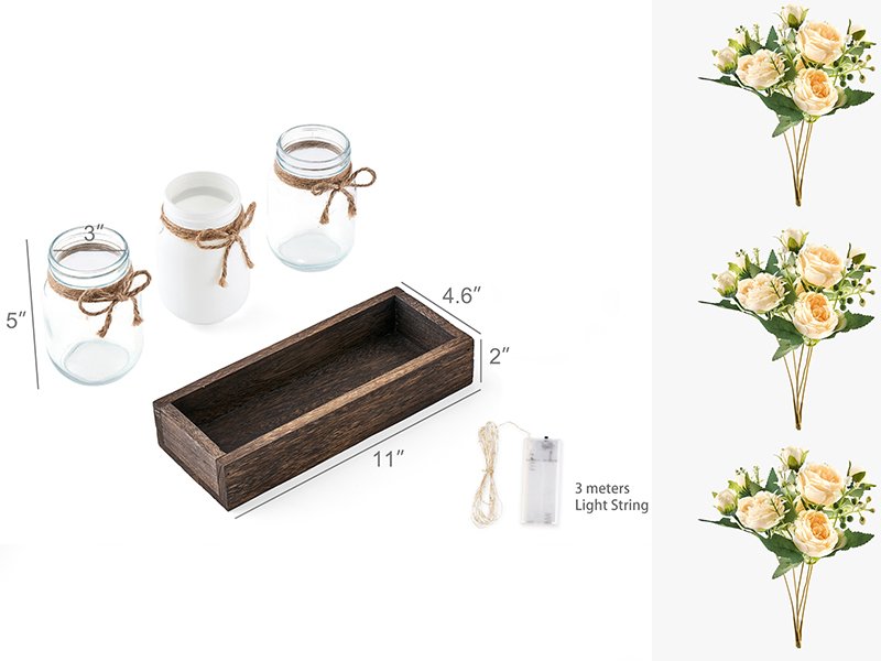 Mason jar centerpiece set with wooden tray, artificial flowers, and light string, showing dimensions