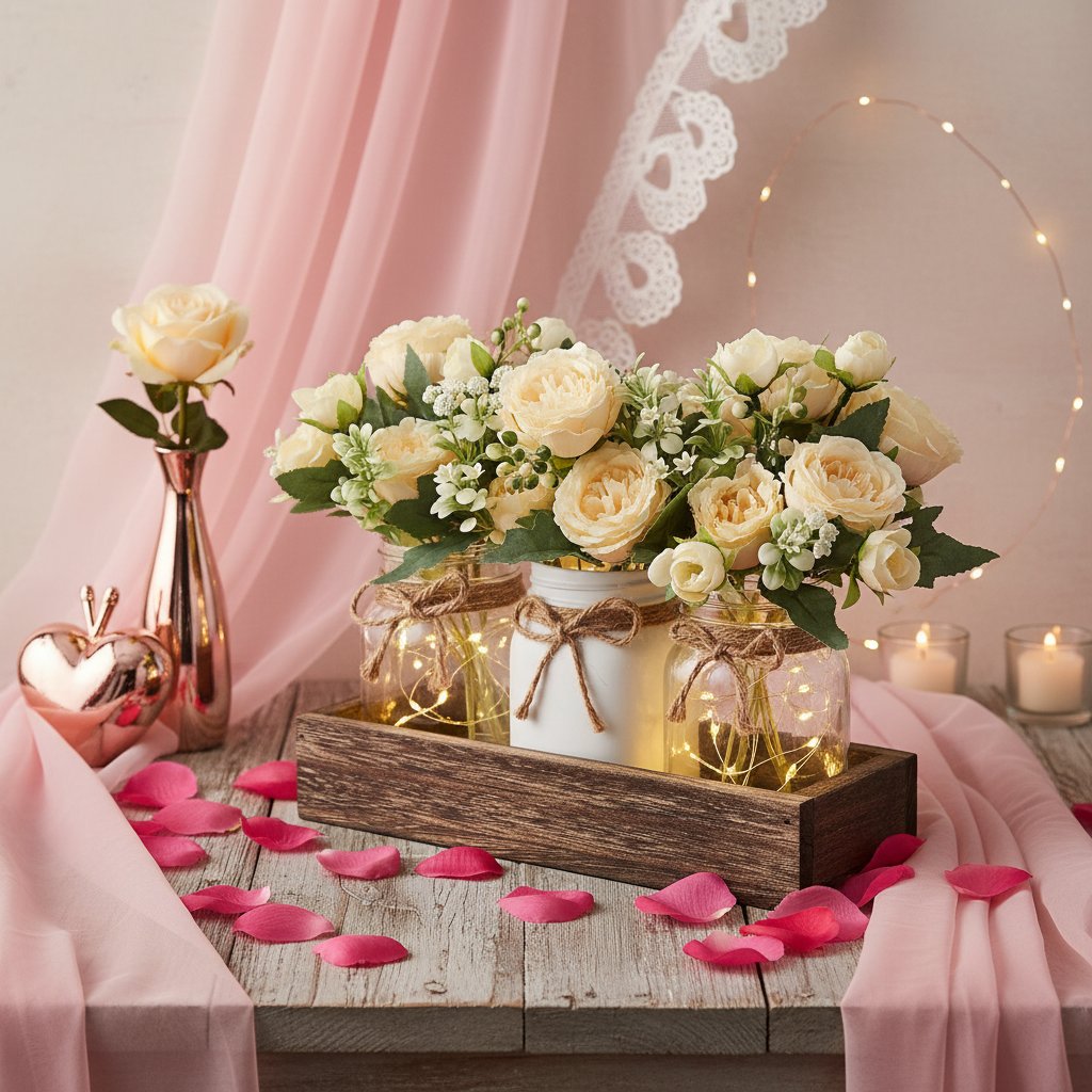 Three mason jars with artificial flowers and fairy lights in a wooden tray, decorated with pink fabric and rose petals.