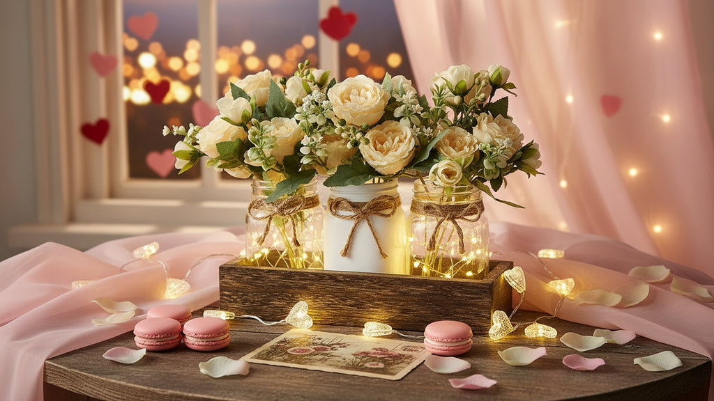 Three mason jars with cream roses and fairy lights in a wooden tray, decorated for Valentine's Day.