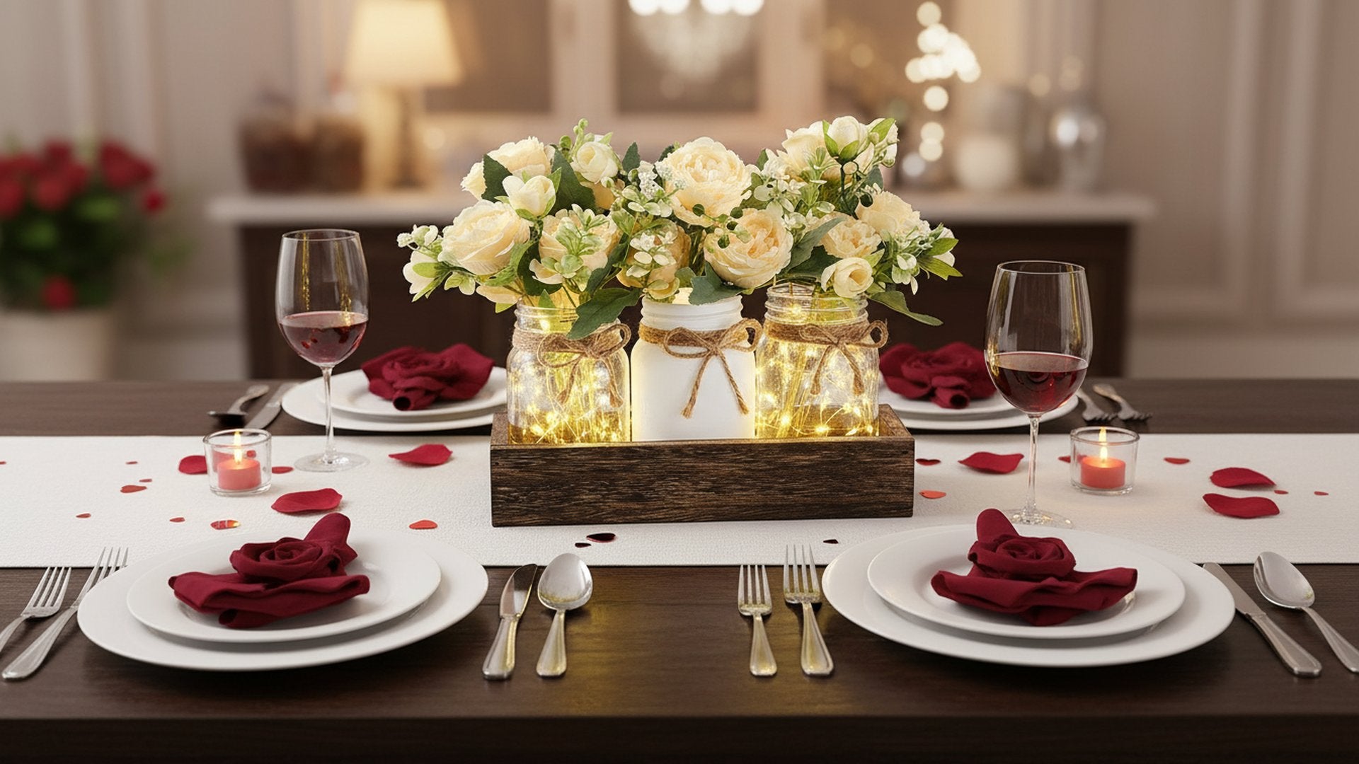 Table setting for a romantic dinner with a centerpiece of three mason jars filled with flowers and fairy lights in a wooden tray.