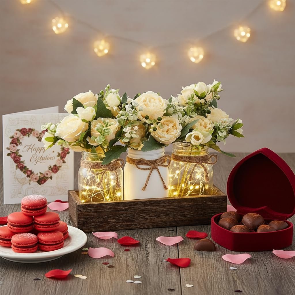 Mason jar centerpiece with artificial flowers and fairy lights in a wooden tray, with macarons and chocolates