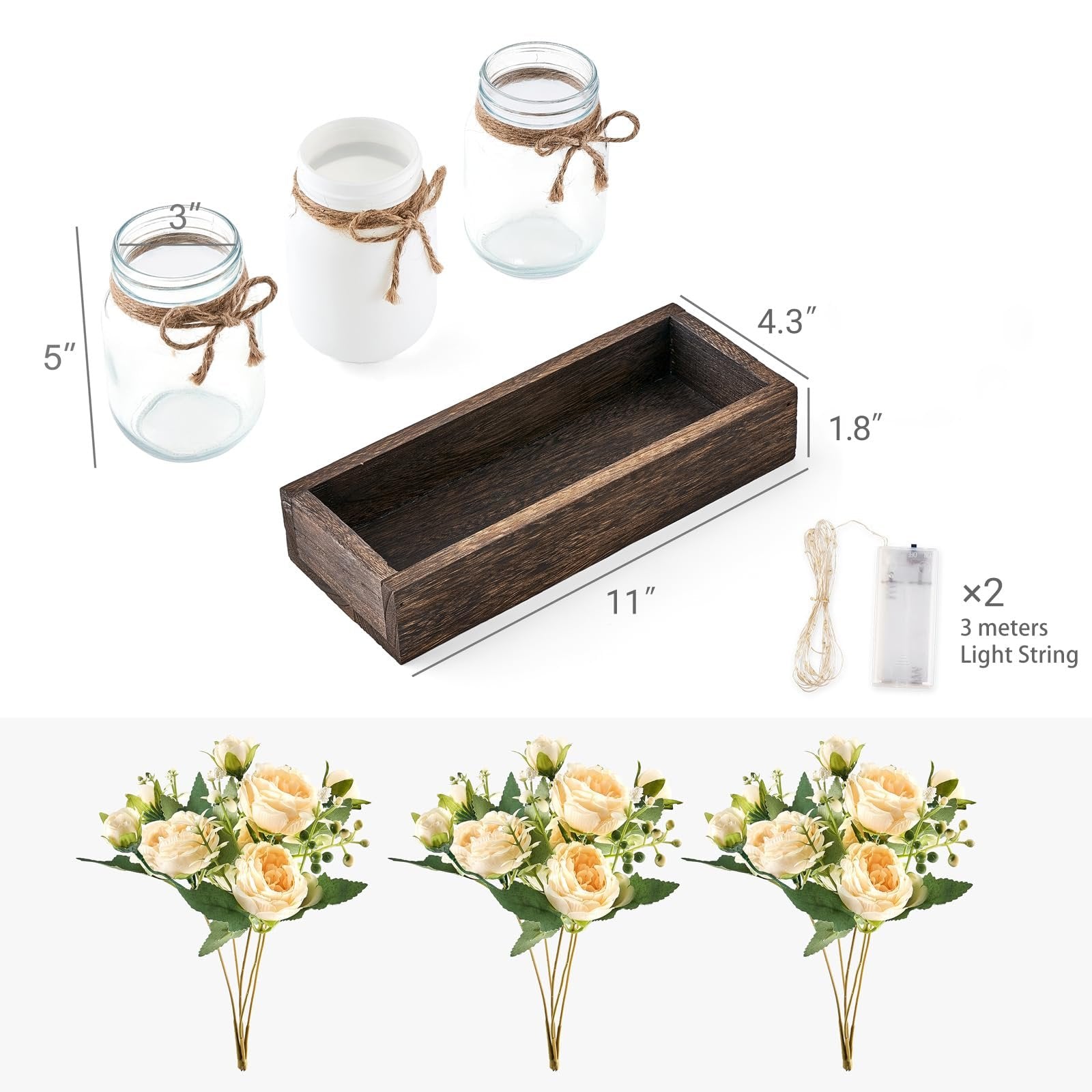 Mason jar centerpiece kit with wooden tray, jars, artificial flowers, and light strings, with dimensions indicated.