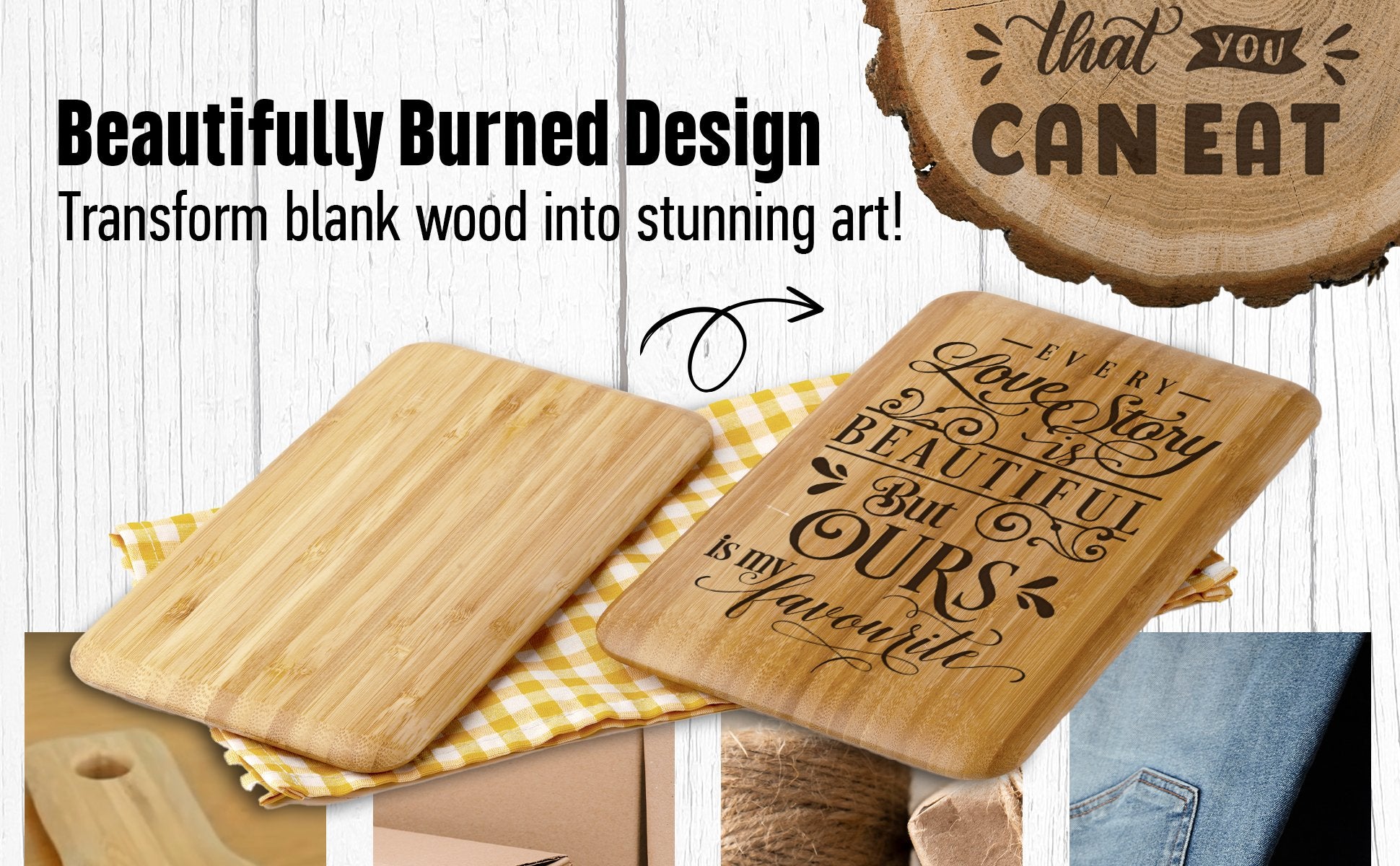 Two wooden boards, one blank and one with a quote, displayed with craft materials like denim and twine.