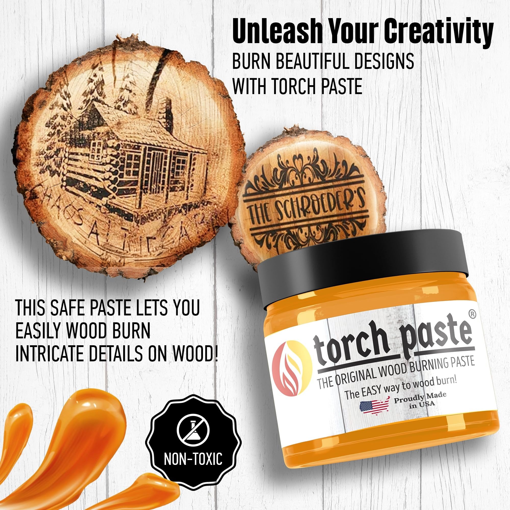 Jar of wood burning paste next to wood slices with intricate designs, showing paste drips and a non-toxic label.