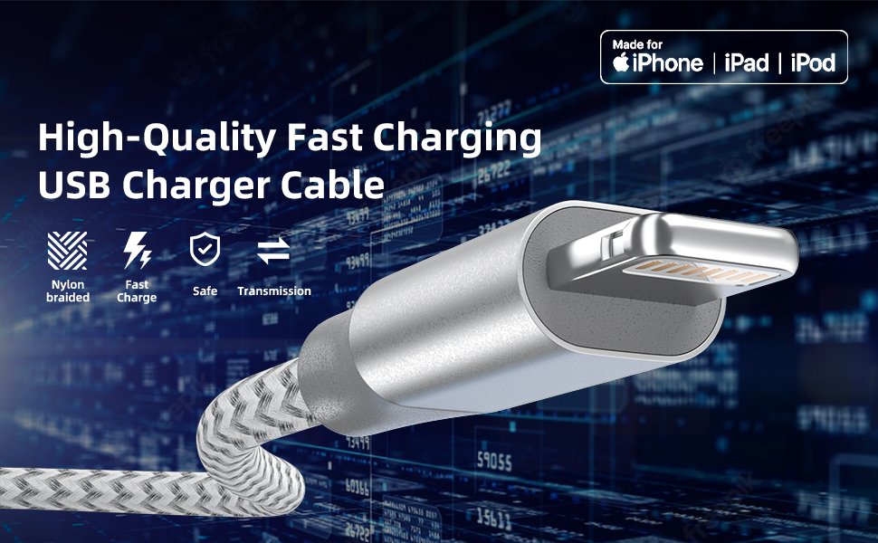 Close-up of a silver Lightning connector and braided grey and white cable against a dark blue digital background.