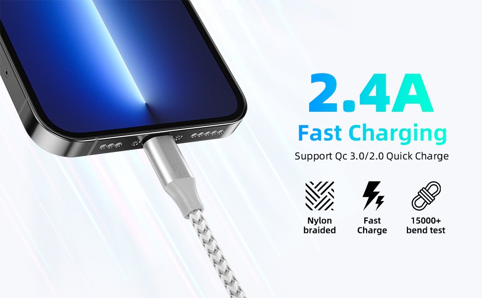 Close-up of a braided grey and white USB-C charging cable plugged into a smartphone, with marketing text about fast charging.