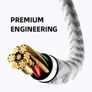 Cross-section of a grey and white braided charging cable showing multiple copper wires inside.