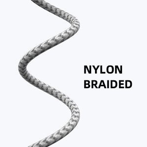 Close-up of a grey and white braided nylon lightning cable with text overlay.