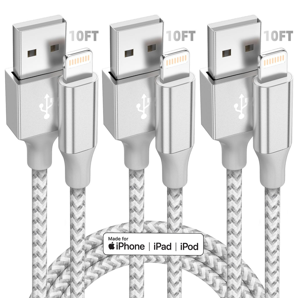 Three 10FT braided lightning cables with USB connectors, grey and white pattern.